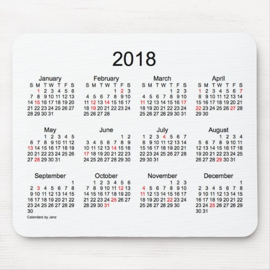 2018 Janz著白黒休日のカレンダー マウスパッド (正面)