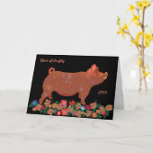 2019人の中国人の(占星術の)十二宮図のブタの挨拶状 カード (黄色い花)