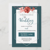 2019年のティール(緑がかった色)及び珊瑚の花の幾何学的な写真の結婚式 招待状 (正面)