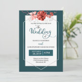 2019年のティール(緑がかった色)及び珊瑚の花の幾何学的な写真の結婚式 招待状 (スタンド正面)