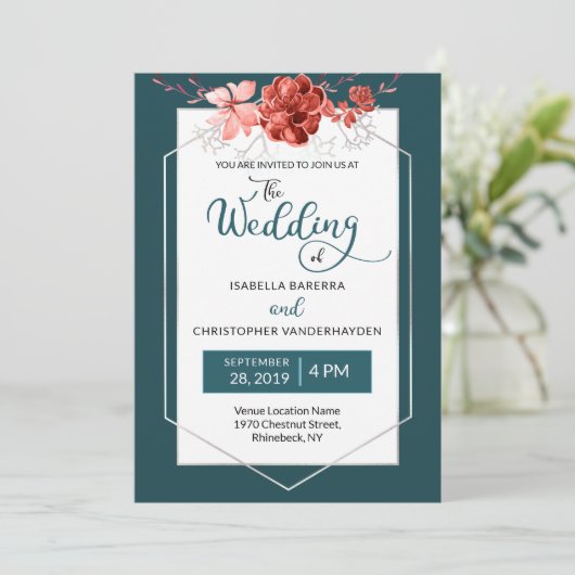 2019年のティール（緑がかった色）及び珊瑚の花の幾何学的な写真の結婚式 招待状 (スタンド正面)