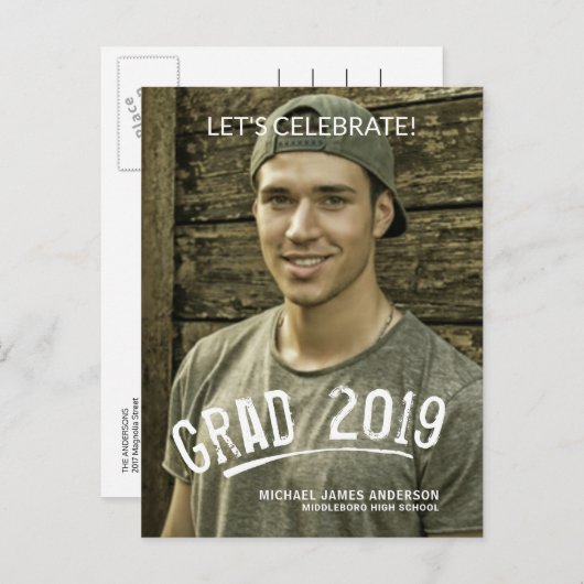 2019年の卒業の男らしくグランジな教養がある写真 インビテーションポストカード (正面/裏面)