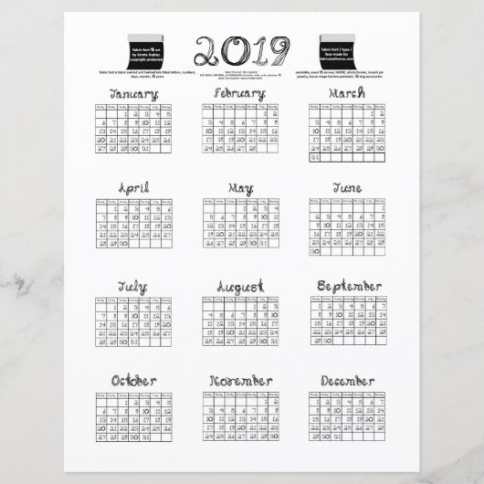 2019年カレンダー生地フォント生地ボルト白黒 (正面)