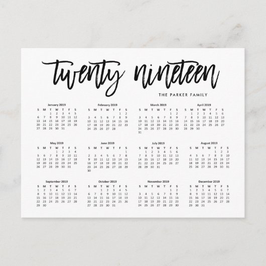 2019年カレンダー | モダンタイポグラフィ ポストカード (正面)