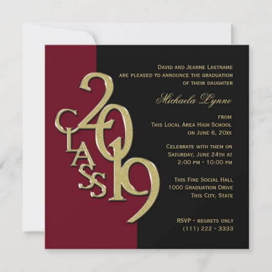 2019年クラス色選択金ゴールド卒業 招待状 (正面)