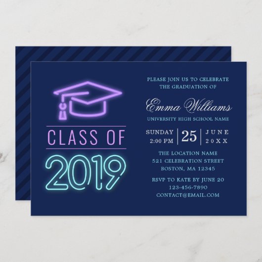 2019年クラス |ネオモダンンカッコいい・ブルー卒業 招待状 (正面/裏面)