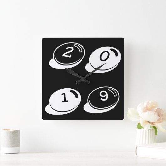 2019年白黒タイポグラフィ年または文字 スクエア壁時計 (ホーム)