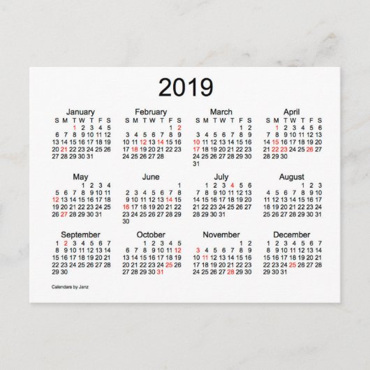2019 年のミニ カレンダー（祝日付き） シーズンポストカード (正面)