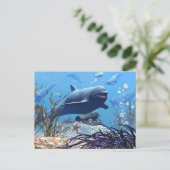 201.イルカと宝箱のはがき ポストカード (スタンド正面)