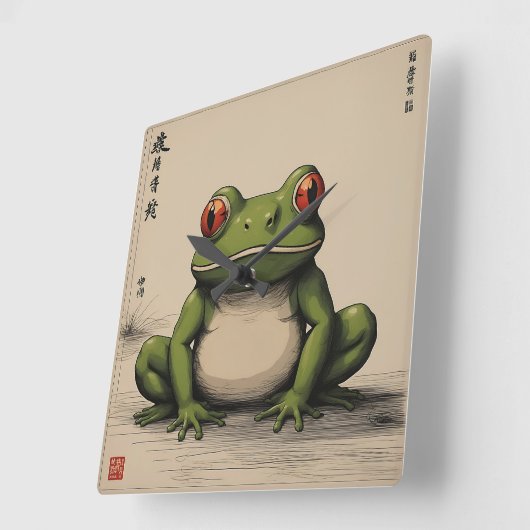 201.グリーン・カエル スクエア壁時計 (傾斜)