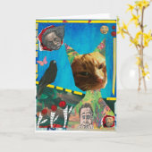 201.ネコと鳥のグリーティングカード カード (黄色い花)