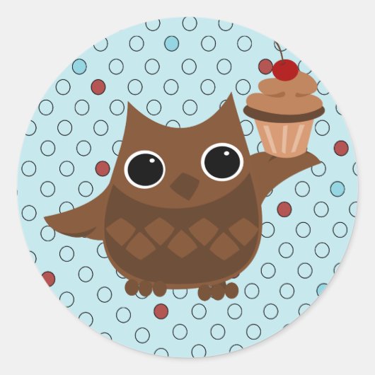 201.フクロウとカップケーキ ラウンドシール (正面)