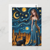 201.夜の街で美しい女性と猫 ポストカード (正面/裏面)