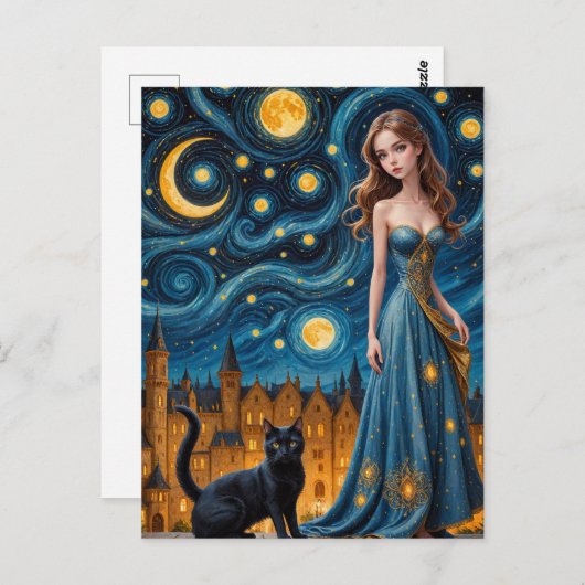 201.夜の街で美しい女性と猫 ポストカード (正面/裏面)