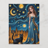 201.夜の街で美しい女性と猫 ポストカード (正面)