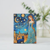 201.夜の街で美しい女性と猫 ポストカード (スタンド正面)