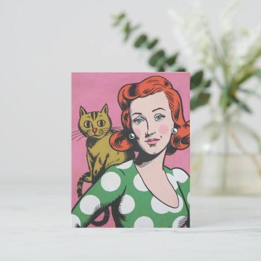 201.女性と猫 ポストカード (スタンド正面)