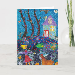 201.少女と彼女の鶏のグリーティングカード カード