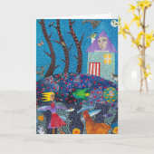 201.少女と彼女の鶏のグリーティングカード カード (黄色い花)