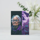 201.年配の女性と蝶はがき ポストカード (スタンド正面)