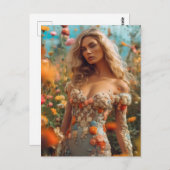 201.美しい金髪のフローラドレスを着た女性 ポストカード (正面/裏面)