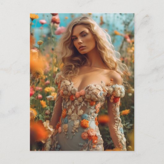 201.美しい金髪のフローラドレスを着た女性 ポストカード (正面)