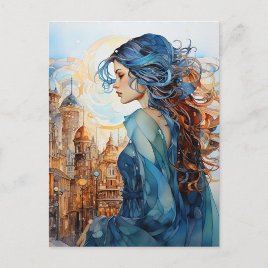 201.青い髪の街の婦人 ポストカード (正面)