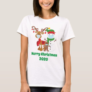 2020おもしろいトナカイ雪だるま顔マスククリスマス Tシャツ