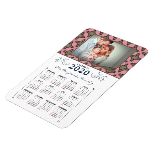 2020フォトパーソナライズピンク模様カレンダー マグネット (左側)