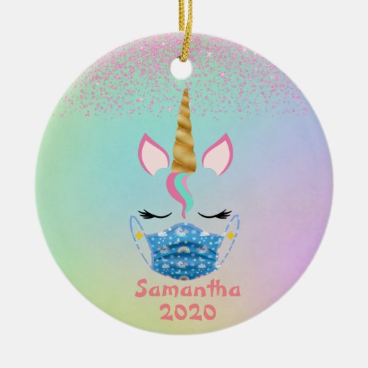2020ユニコーンパーソナライズされた顔マスクレインボー セラミックオーナメント (正面)
