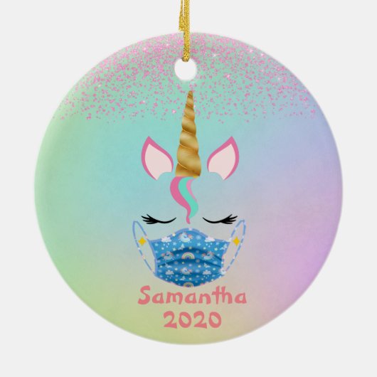 2020ユニコーンパーソナライズされた顔マスクレインボー セラミックオーナメント (裏面)