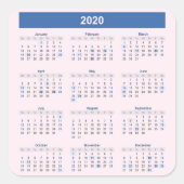 2020年のカレンダー(ピンク淡い色の) スクエアシール (正面)