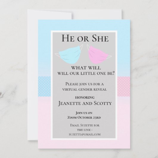 2020年のフェイスマスクのバーチャルピンクブルージェンダー 招待状 (正面)