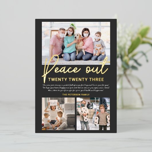 2020年の新年の平和スクリプト3枚の写真 箔シーズンカード (立ち正面)