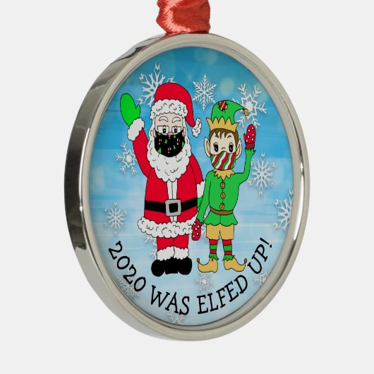 2020年はエルフも大変、面白いエルフとマスク姿のサンタ メタルオーナメント (右)