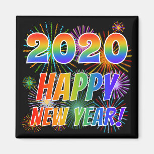 2020年新年おめでとう!+ Fireworksパカラフルターン マグネット
