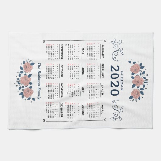 2020年月次カレンダーの個人用設定カスタム キッチンタオル (横)