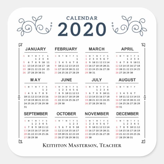 2020年月次カレンダーの個人用設定カスタム スクエアシール (正面)