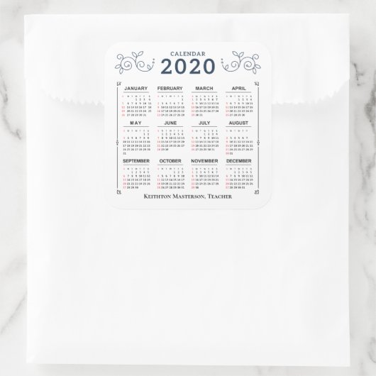 2020年月次カレンダーの個人用設定カスタム スクエアシール (バッグ)