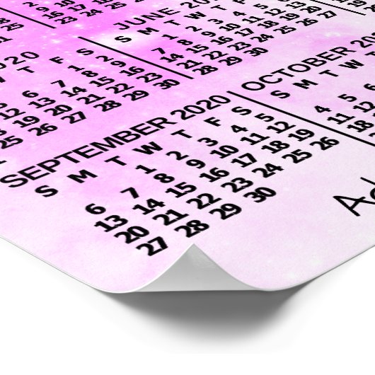 2020年 月別カレンダー ピンク ウォーターカラー 3枚の写真 ポスター (角)