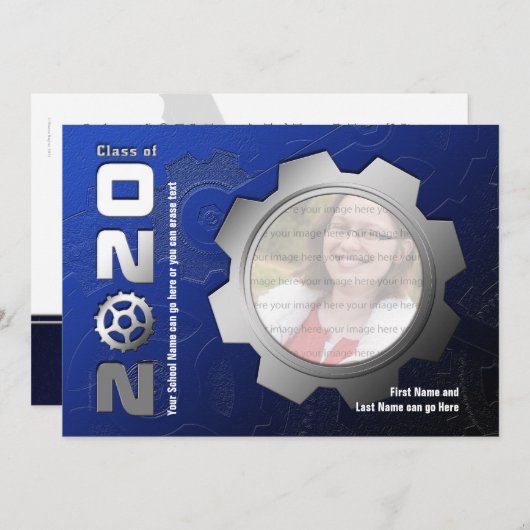 2020青く、銀製のギアの卒業の招待状 招待状 (正面/裏面)