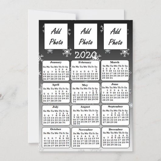 2020黒白の雪片フォトカレンダー マグネット招待状 (正面)