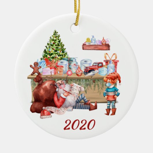 2020 Santa's おもしろい Workshop Covid顔マスク セラミックオーナメント (正面)