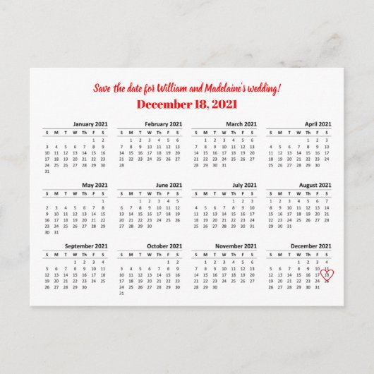 2021カレンダー日付の保存ハート 案内ポストカード (正面)