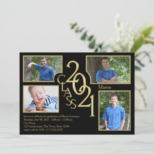 2021クアッドフォトブラックの卒業クラス 招待状 (スタンド正面)