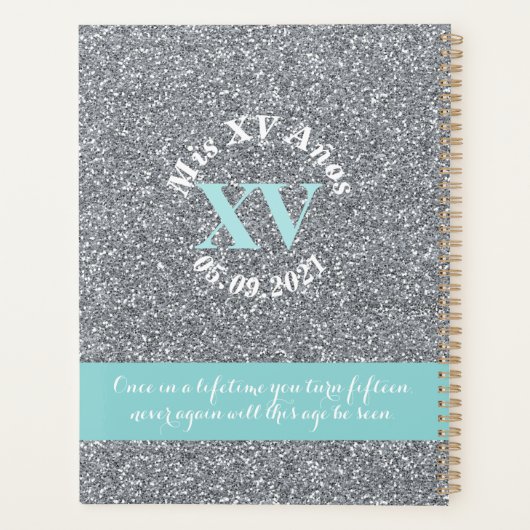 2021ティール(緑がかった色)アクアブルーシルバーグリッターXVキンセニェラ プランナー手帳 (裏面)