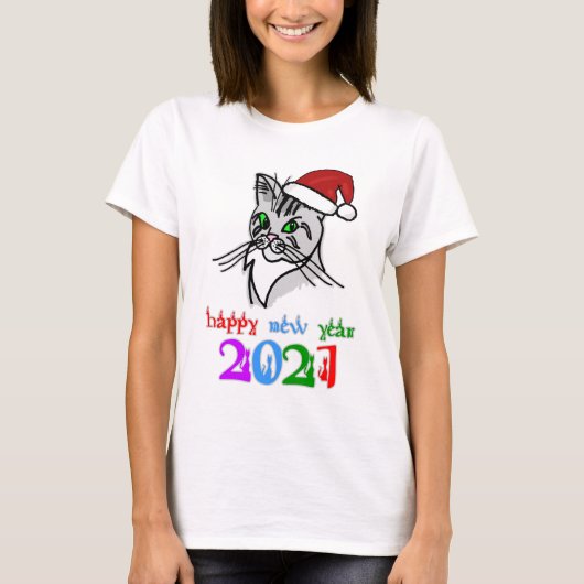 2021年おもしろい猫ハッピーニューイヤー Tシャツ (正面)