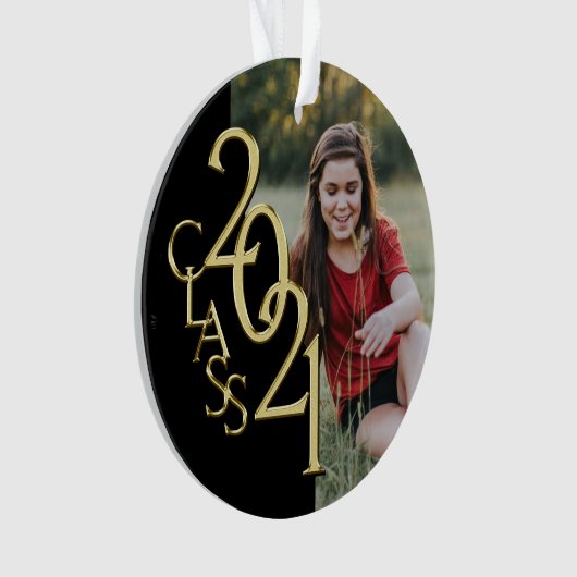 2021年のクラスの金ゴールドと写真付きブラック オーナメント (正面)