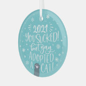 2021年は最悪だったけど、猫の里親になってよかった!青い記念品が楽しい ガラスオーナメント (正面左)