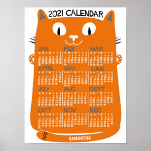 2021年オレンジ色の猫の月別カレンダー ミッドセンチュリー ポスター